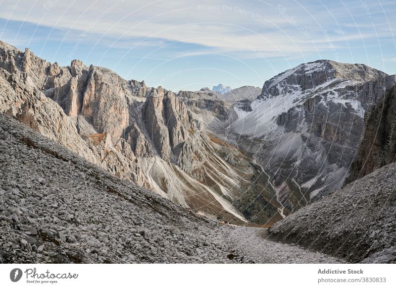 Valley in snowy mountain range valley amazing dolomites alps italy picturesque scenic breathtaking beautiful spectacular magnificent nature landscape ridge rock