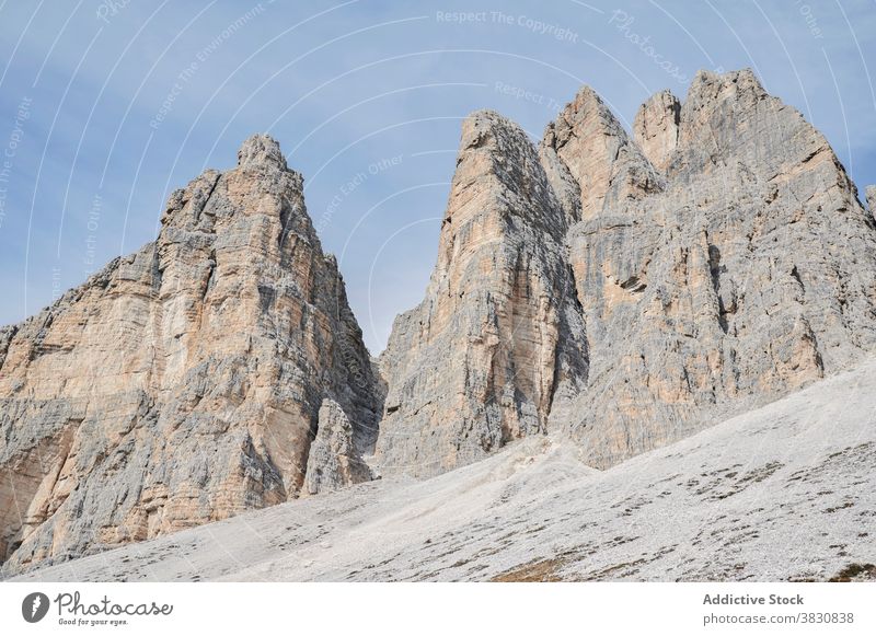 Valley in snowy mountain range valley amazing dolomites alps italy picturesque scenic breathtaking beautiful spectacular magnificent nature landscape ridge rock