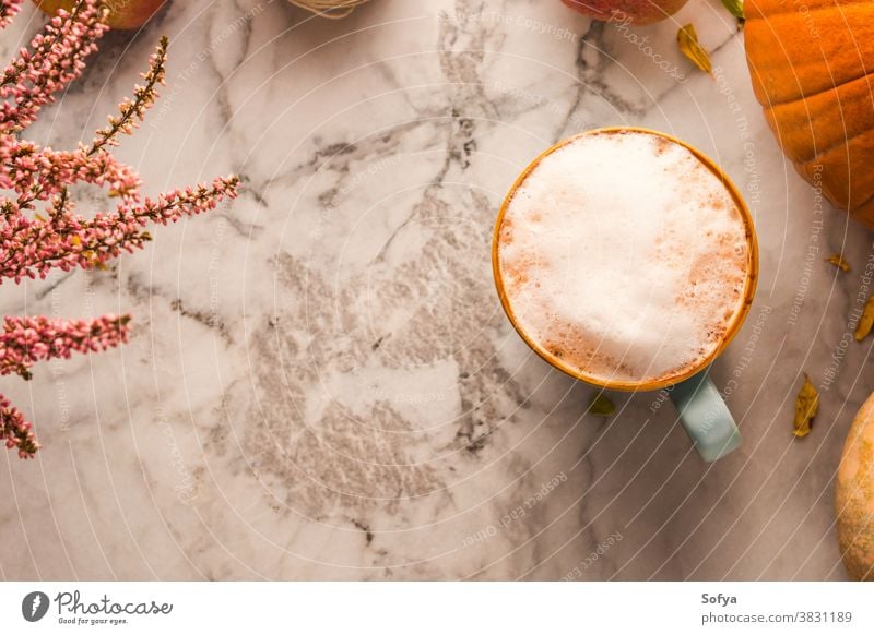 Autumn still life with mug of coffee and pumpkins autumn cozy marble background latte cappuccino table flatlay thanksgiving rustic relax drink card celebration