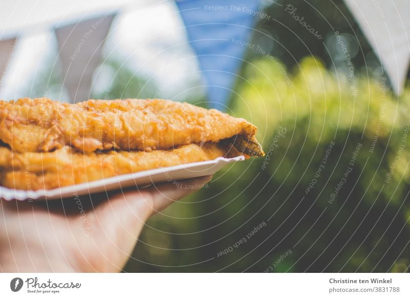 Delicious hot fried fish from the fish cart on a paper plate, held by one hand. In the background a pennant chain and green bushes. Close up with shallow depth of field