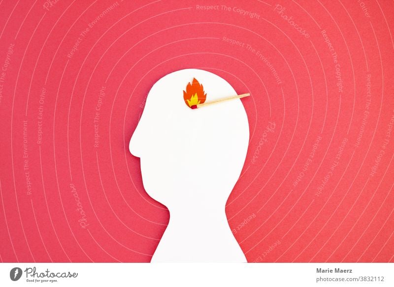 Fire in the head // Head silhouette made of paper with match and flame brain Think thoughts ideas Burn Flame Match Illustration paper cut crafted peril