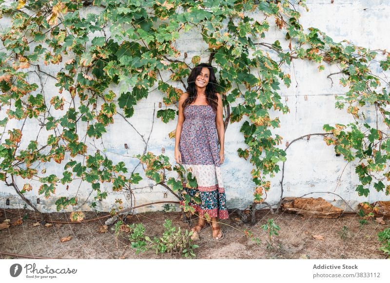 Happy woman standing near wall with ivy plants dress weathered smile summer happy shabby country adult ethnic female cheerful joy lifestyle exterior delight