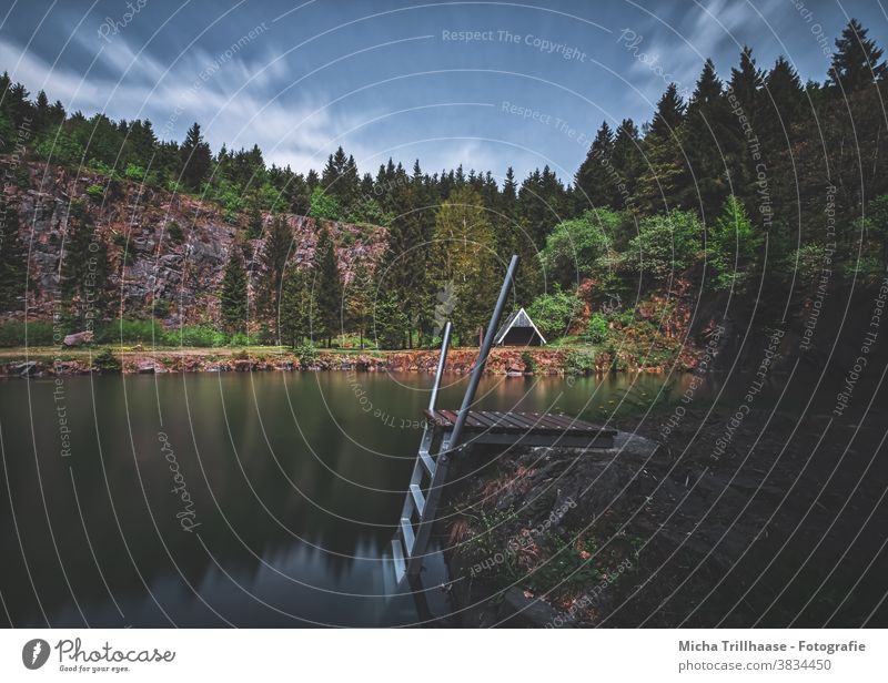 Mountain lake at the Ebertswiese / Thuringia Thueringer Wald Lake Water Hut Forest trees mountains Landscape Nature Sky Clouds Footbridge Ladder Rock Deserted