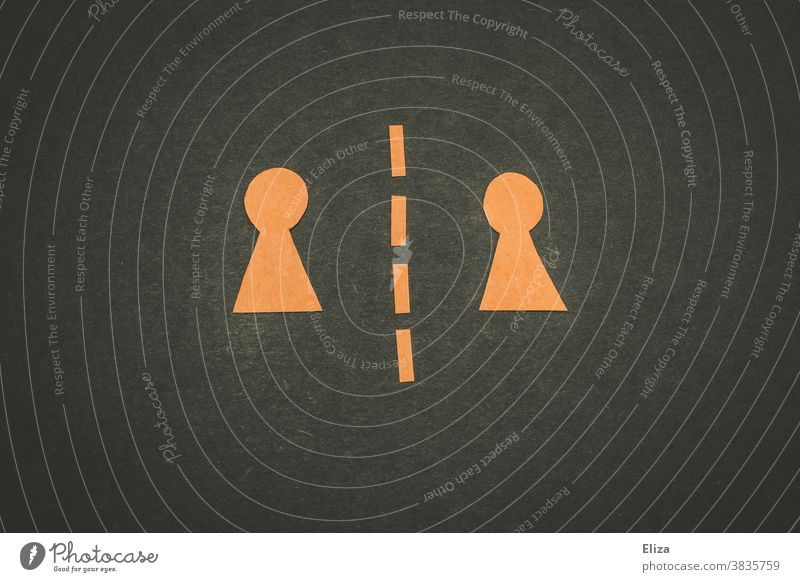 Two figures separated by a dotted line. Keep distance, separation, different sides. Figures disassociated keep sb./sth. apart social distancing Divide two sides