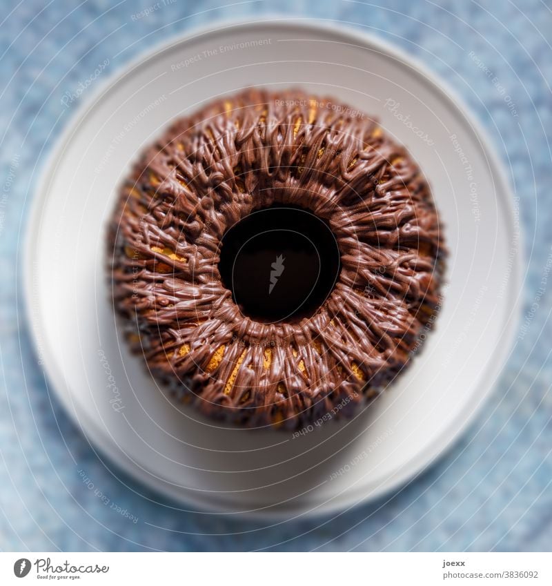 Cake on plate with chocolate icing in top view, weak depth of field from on high plan Baking Food Kitchen Self-made cute Fresh Blue Brown Eyes iris Square