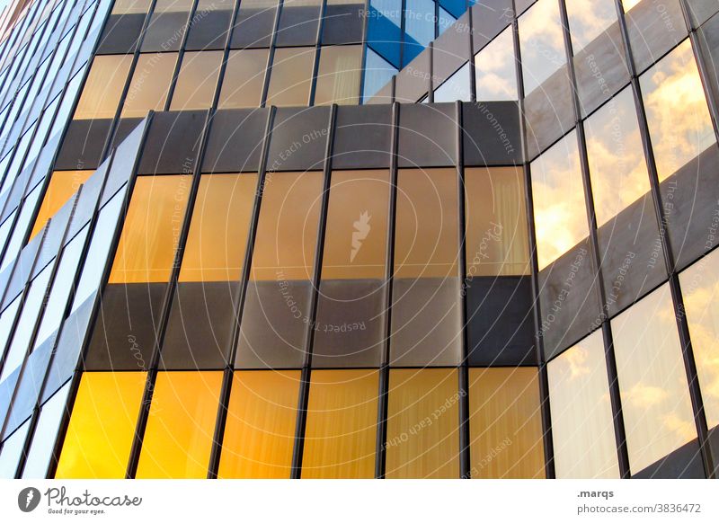 façade Building Facade Metal Brown Yellow Sharp-edged lines Modern Architecture High-rise Reflection Manmade structures Glas facade Window Office building