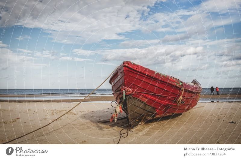 Fishing boat at the Baltic Sea beach Motor barge Baltic beach Usedom Island Beach Ocean Sand Sky Clouds Nature Landscape Sunlight Beautiful weather Calm Idyll