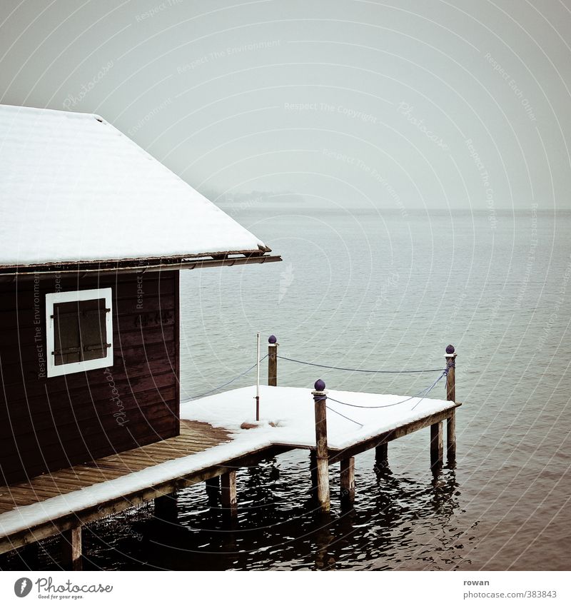 Winter Lake Landscape Beautiful weather Coast Lakeside Cold Calm Closed Off-Season Boathouse Jetty Snow Fog Water Loneliness Deserted Window Wait Colour photo