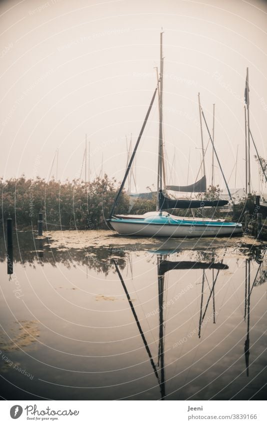 Small sailboat lies in fog Sailboat Dinghy Lake Water Harbour Sailing Sailing trip jetty Watercraft Fog foggy holidays vacation Sailing ship Sailing vacation