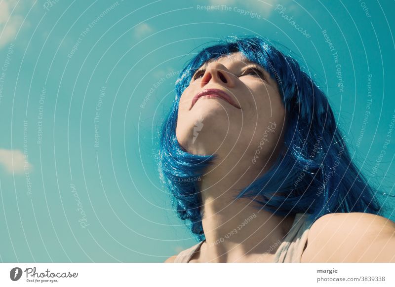 1000: Woman with blue hair looks expectantly into the blue sky! What will the future bring? portrait Young woman Face Sky Blue To enjoy Human being