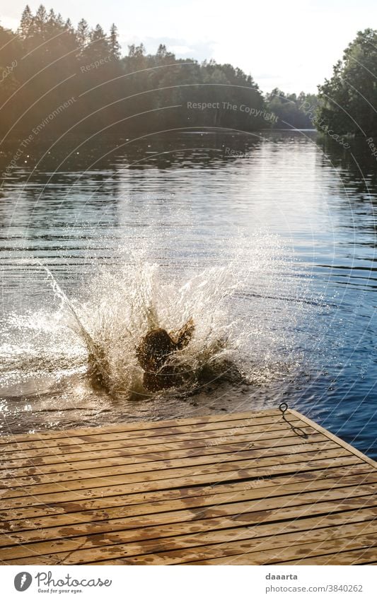 Summer plunksh color Lake River Jump Water Girl Woman outdoors Latvia countryside Forest Wood good weather Nature Freedom Happiness Happy holidays Joy Life