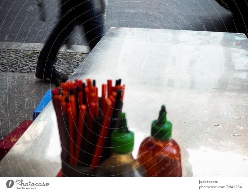 Asian culture in the middle of the reflecting city Table Restaurant Reflection Passer-by Legs Tabletop Chopstick Plastic bottle blurriness Sidewalk Street