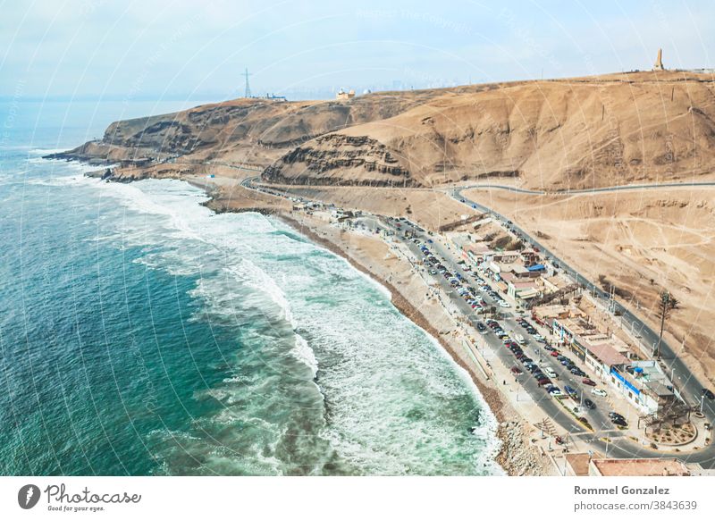 Aerial view of La Herradura, Chorrillos - Peru. Panoramic view. drone view aerial view seaside island shoreline boats lima metropolitan area pacific ocean