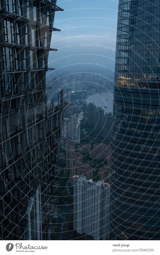 View of Shanghai between two skyscrapers Skyline High-rise Facade Detail Neighbor neighbourhood proximity height Vertigo Architecture Pu Dong Asia Twilight