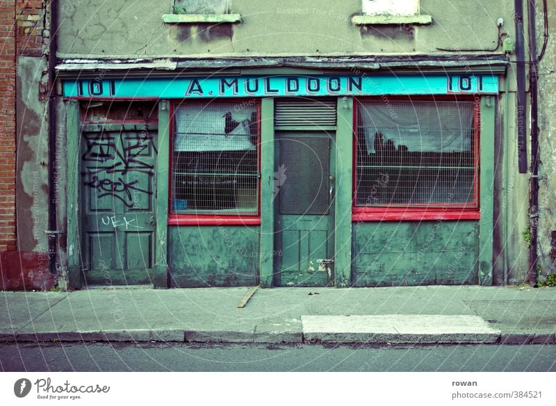 No. 101 Economy Trade Business SME Company Town Downtown Old town Pedestrian precinct Facade Window Door Dark Creepy Broken Retro Trashy Gloomy Green