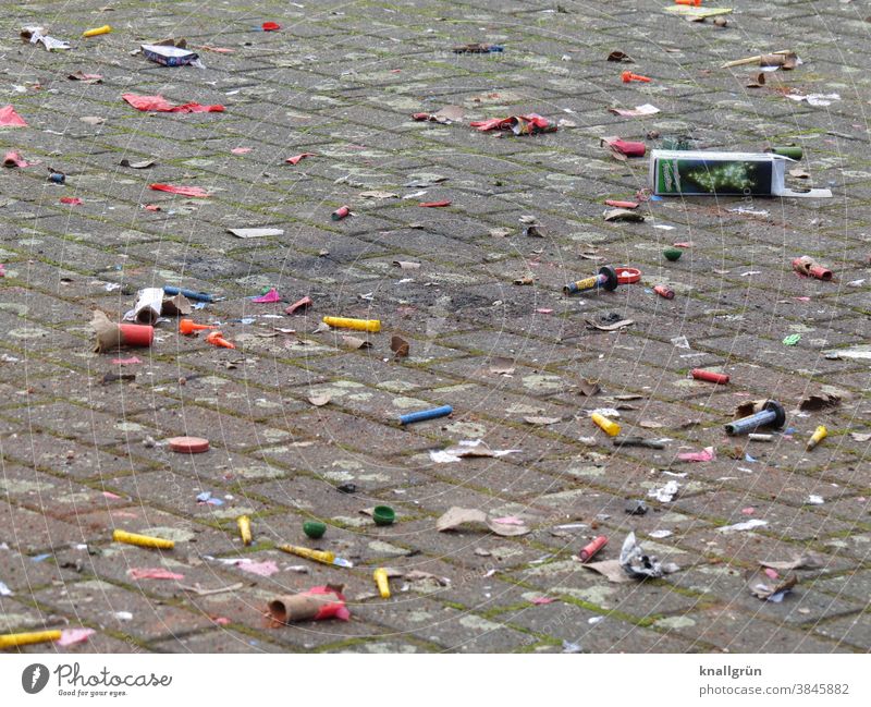 Burned down remains of the New Year's Eve fireworks on New Year's morning Firecracker Environmental pollution Feasts & Celebrations Exterior shot burnt remnants