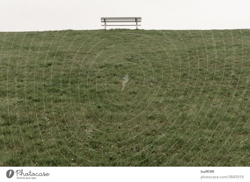 Bench on the dike - come to rest bench Dike dike top Green White Exceptional Exterior shot Pattern Structures and shapes Art Uniqueness Style Rest tranquillity