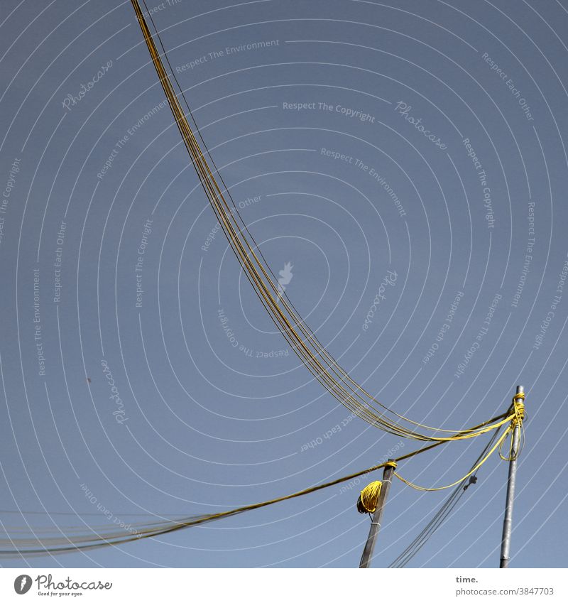 Rope teams #36 Pole Cable Construction site Sky two remedy Hang Provision Transmission lines stream flexed perpendicular Swing supply pipe Yellow Metal