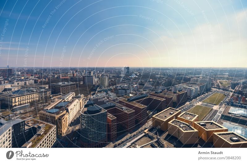 evening panorama of Berlin with Potsdamer Platz skyline cityscape skyscraper horizon summer outdoor blue sunset famous landmark street urban tourism aerial