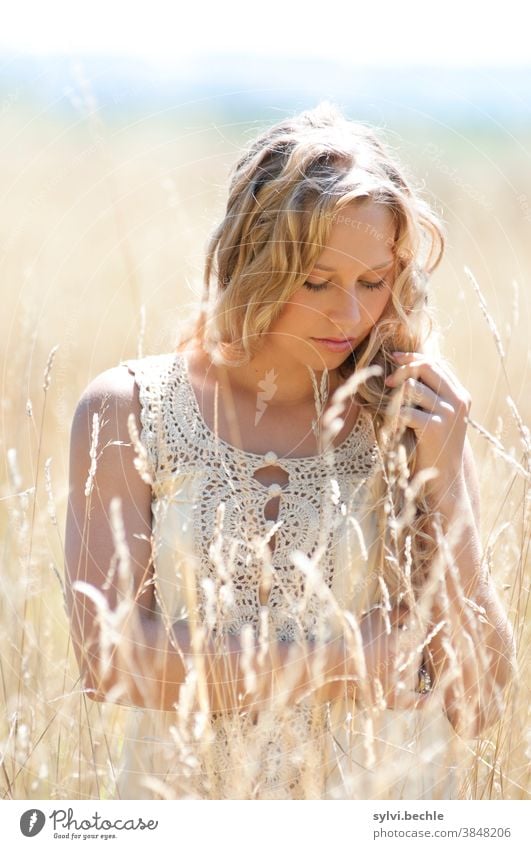 young woman in the field in delicate cream tones pretty Woman Young woman portrait Adults Long-haired Blonde Beauty & Beauty Feminine Hair and hairstyles Face