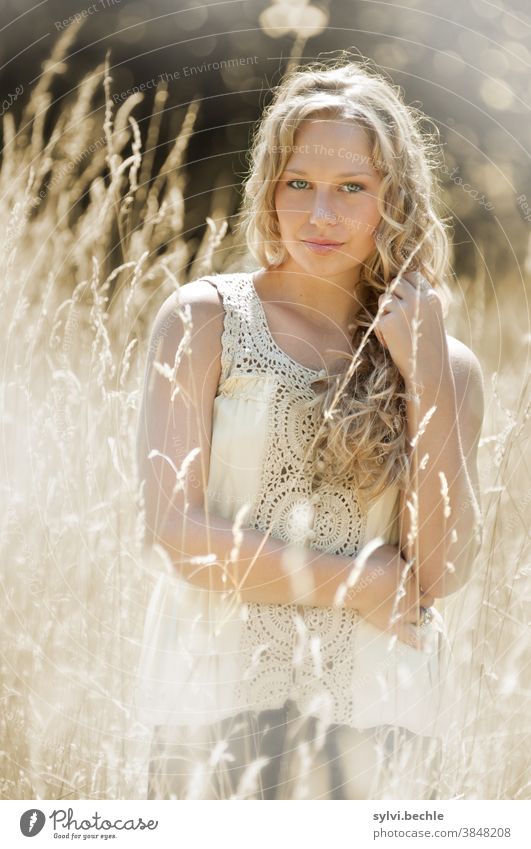 young woman in the field in delicate cream tones - Part III pretty Woman Young woman portrait Adults Long-haired Blonde Beauty & Beauty Feminine