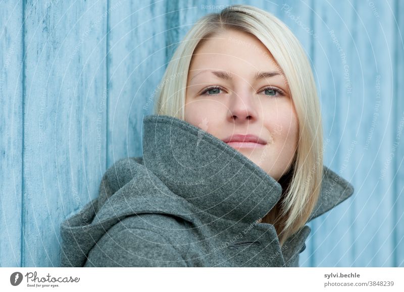 Portrait of a young woman portrait Young woman Woman youthful Lady Girl Autumn Winter Jacket chill Cold Blue Gray Beauty & Beauty Blonde Long-haired