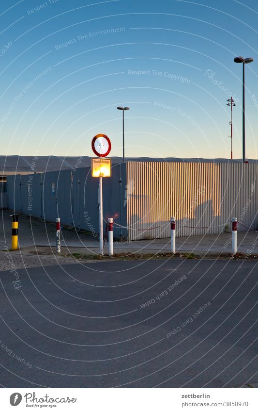 Empty parking lot at Tegel TXL Airport Evening Berlin darkness Airfield Sky Horizon Deserted Street Copy Space Transport Places Parking lot Storage Shed