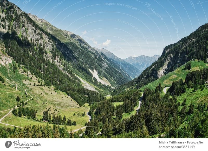 Kaunertal / Austria Kaunertal Glacier Tyrol Alps mountains Peak valleys rock Rock meadows trees Landscape Nature Sky Clouds Sun sunshine Winding road