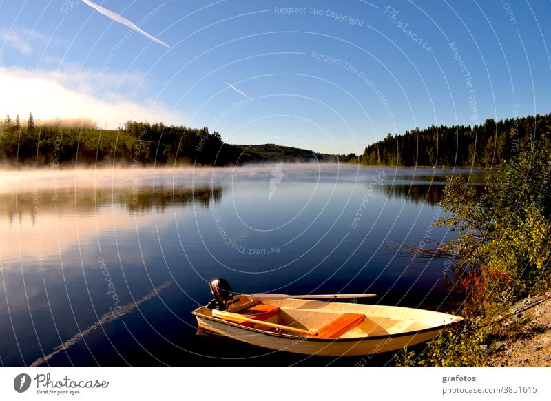 Swedish morning boat Morning Fog Water Ocean Lake ship Sun Sunrise Forest Swede Scandinavia Fisherman fish Fishing boat Sky Nature Fishing (Angle) Summer