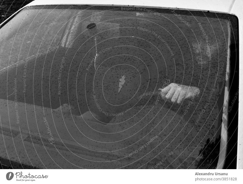 A guy driving a car, view from front window. drive boy Black & white photo Moody Rain