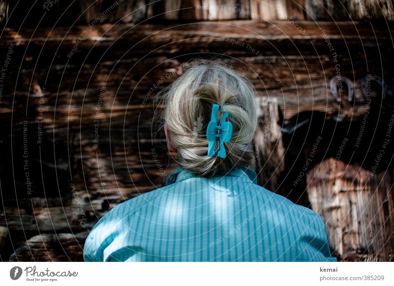 Woman with hair clip in hair from behind in front of wooden wall Lifestyle Human being Feminine Adults Hair and hairstyles Back 1 45 - 60 years Wall (barrier)