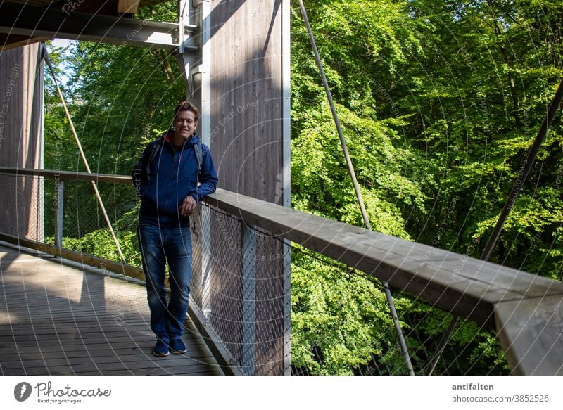 Keep a good face ;-) Autumn Summer Horizon Forest Tree tops treetop path Lookout tower viewing platform vantage point Vantage point outlook Mountain Trip