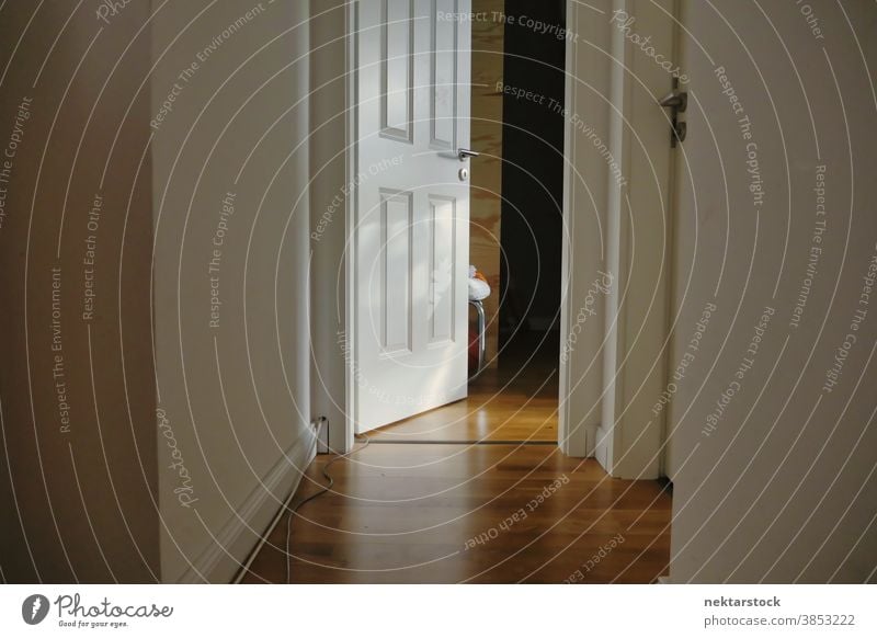 Open House Door and Corridor with Wooden Floor door home floor open opened corridor parquet wood wooden indoor inside room day natural lighting house dwelling