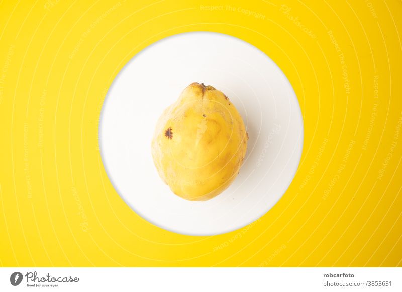 quince fruit on yellow background sweet fresh wooden food organic ripe autumn season vegetarian tasty closeup natural raw group copy space plate healthy green