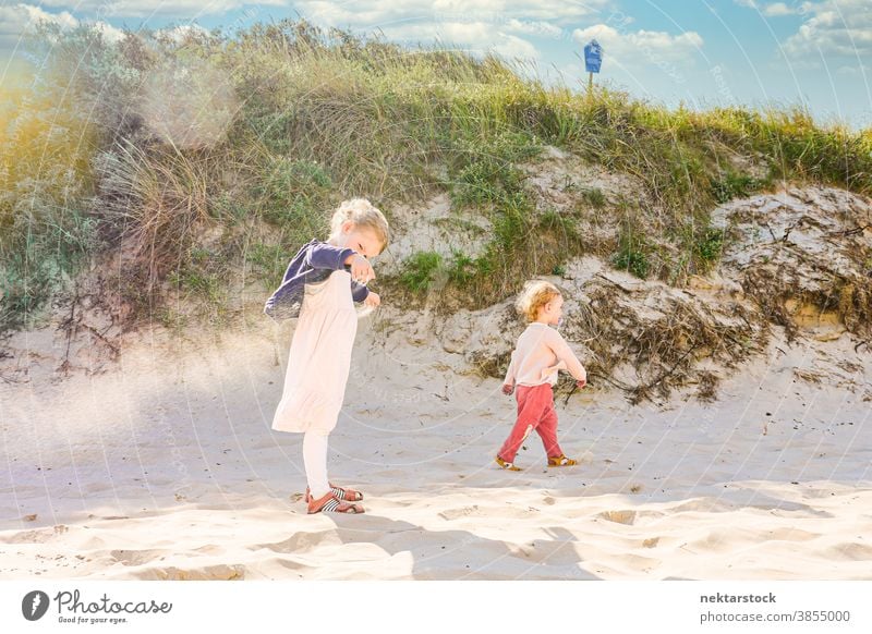 Sibling Sisters at Sand Dune Children sibling sister sand dune beach girls caucasian female 2 people side view 2 years old 4 years old sunny play playing walk