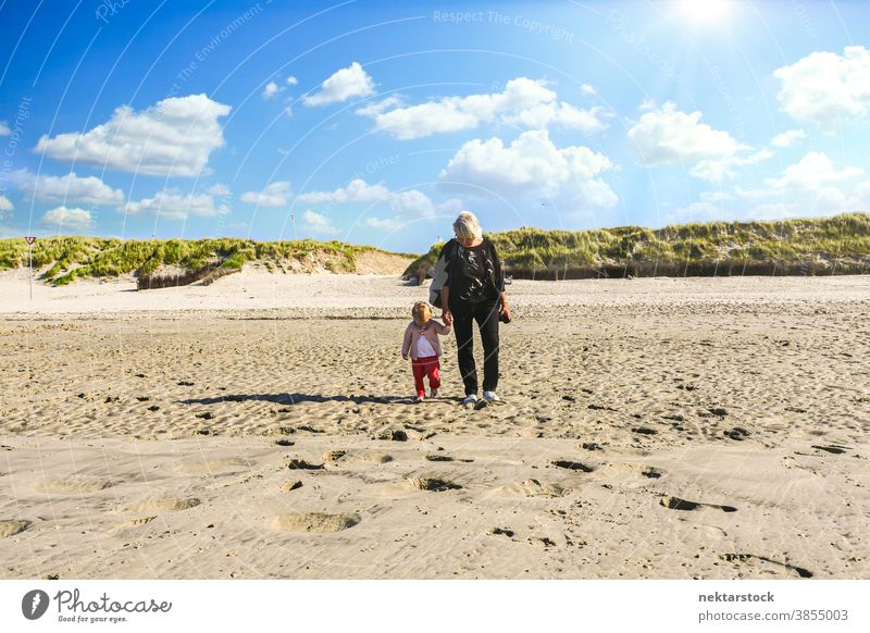 Grandmother and Toddler Walking on Sandy Beach beach grandmother toddler child front view sand walking long shot looking away childhood caucasian dune sunny