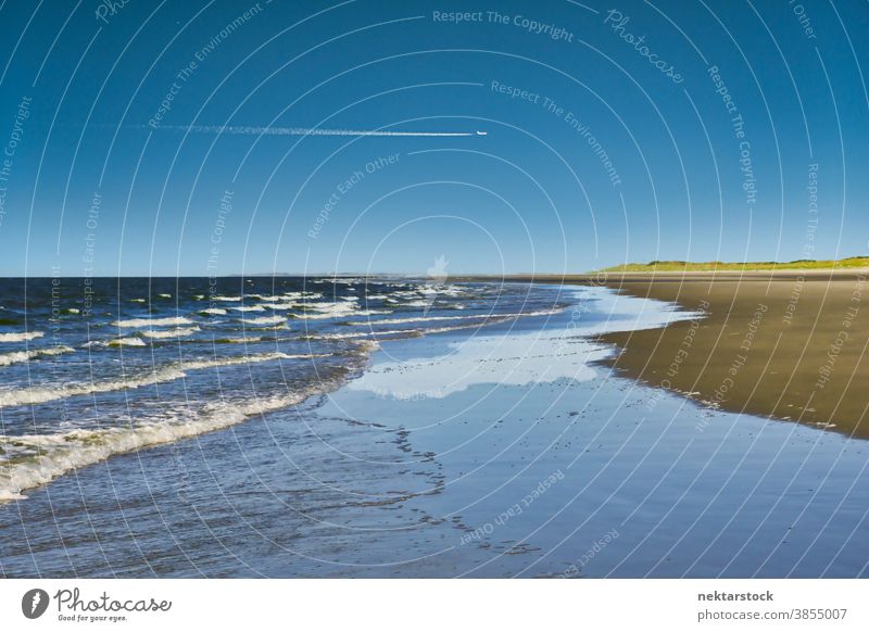 Beach with Sea Waves Rolling beach sea Langeoog wave contrail Germany cloudscape horizon vapor trail airplane horizon over water distant sun sunny good weather