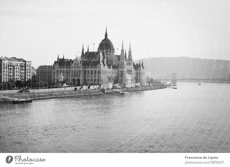 Parliament of Budapest Hungary Black & white photo Tourist Attraction Town Exterior shot Architecture Capital city Danube Landmark Historic River Europe