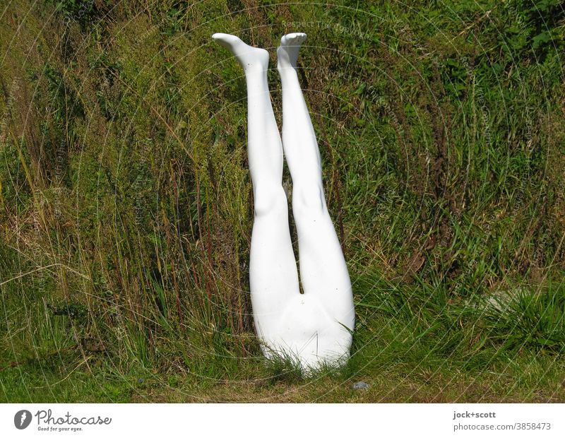 Stick your head in the ground first, then I'm gone Mannequin Street art Hide Green Legs Grass Whimsical Bushes Nature Strange unusual Inspiration Idea Illusion