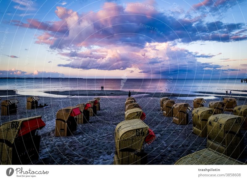 Sunset over the Baltic Sea Clouds Cloud formation Baltic coast dab protection beach chairs Beach Ocean Sky Tourism Deserted Schleswig-Holstein vacation