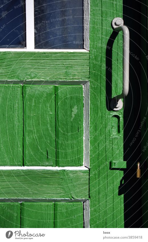 4eyes | home is where you don't have to explain yourself door Wooden door sunny Sunlight Shadow door handle Old Historic Window Pane Lock Green White Varnished