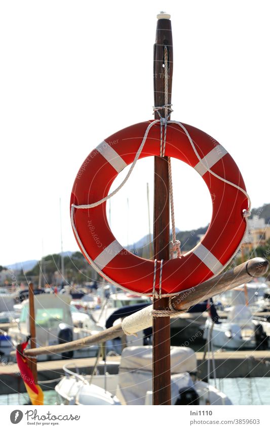 Ready for use - red white neutral life ring is attached to a wooden pole Life belt quay wall Harbour misfortune Help Protection Safety First Aid Water boat port