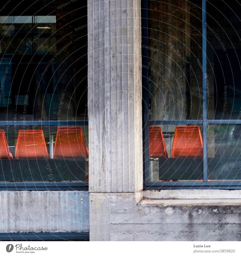 Empty of people - orange chairs from behind, in a large hall Orange Deserted Concrete Hall Lecture hall Seating Chair Row of seats Audience Free Places Wait