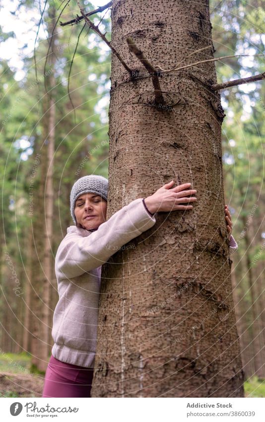 Woman hugging tree in woods embrace woman carefree enjoy nature traveler forest freedom female trunk tranquil idyllic tourist calm tourism holiday vacation lady