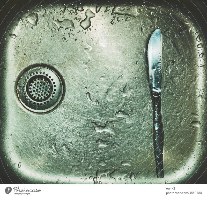 Stag night kitchen Knives dish washing Basin Metal Lie Under Wet Water Drops of water Thrifty Spartan Drainage Sink Kitchen Kitchen sink Detail Steel Close-up