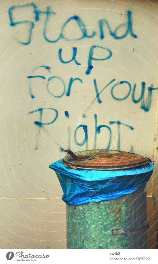 street fight Bus stop lettering Rebellious embassy Urgent Roll call English Human rights Civil Rights Simplistic Germany dustbin Tin Old Wall (building)