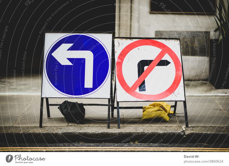 Arrows left commanded & right prohibited Road traffic Road sign Left Right interdiction Street Transport groundbreaking