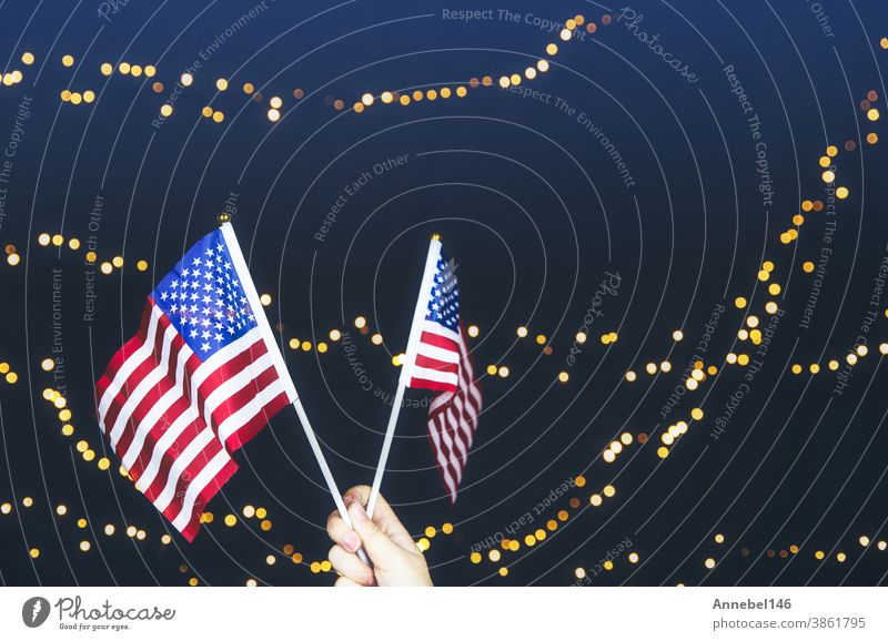 USA flag, red white and blue with sparkling yellow bokeh background, Copy space, space for text. colorful design American concept usa independence america