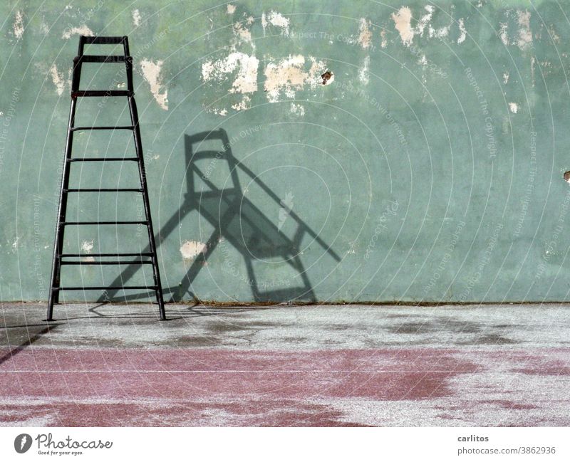 Very small tennis | Straight referee chair casts "diagonal" shadows Spain Balearic Islands Majorca Tennis Tennis court Old scruffy Green Decompose ash pit