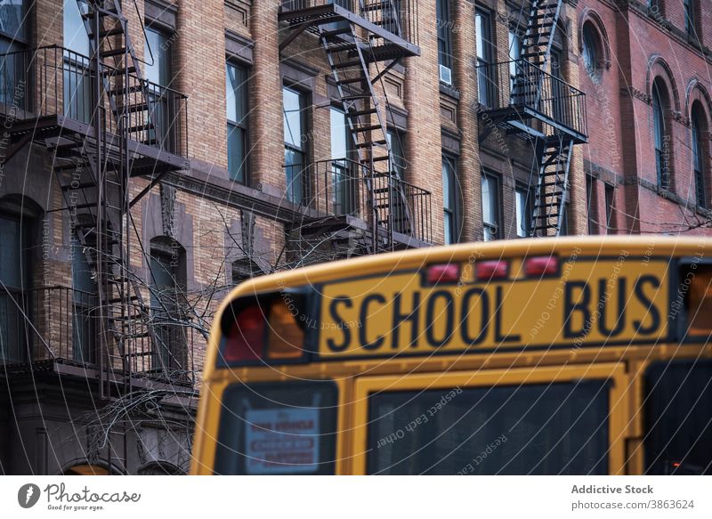 Yellow bus on city street yellow school tradition road urban transport traffic vehicle new york usa united states america commute design ride drive destination